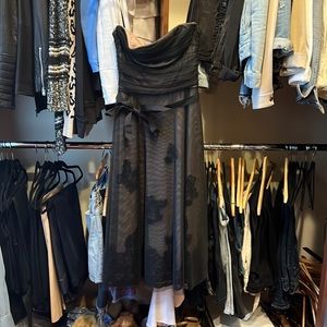 BCBG Max Azaria Black lace strapless midi cocktail dress with ribbon tie, Size 8
